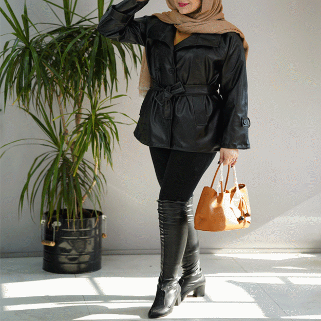 تصویر  کت چرم کمردار